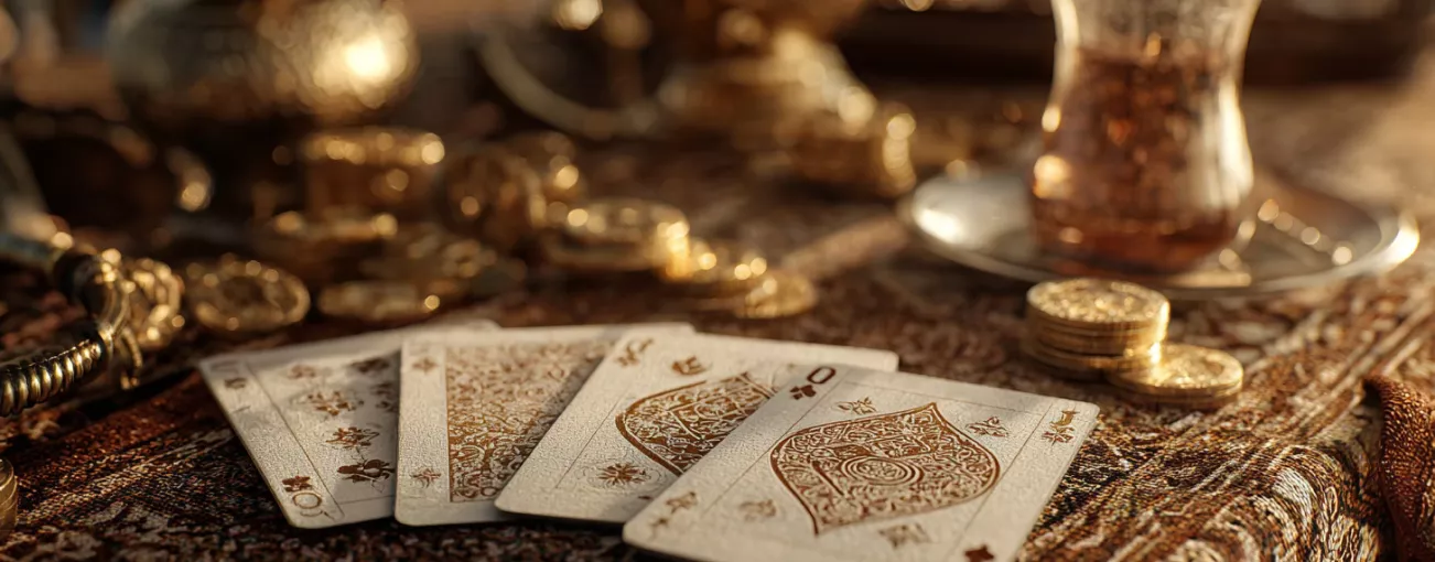 بطاقات لعب وعملات ذهبية على الطاول